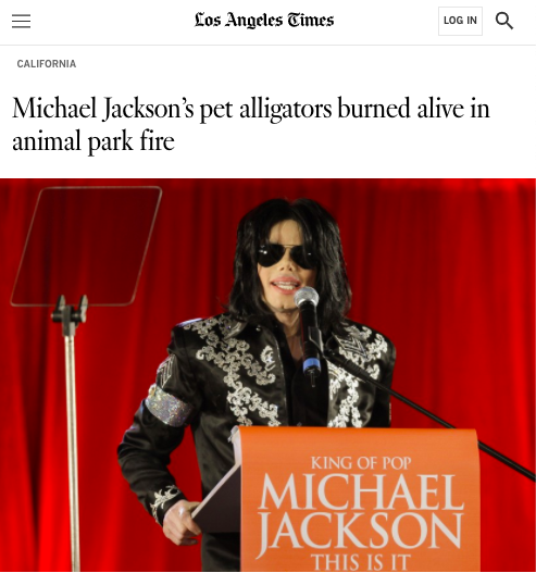 22. I first discovered this story through a story in the LA Times that said "Michael Jackson's Alligators Burned Alive in Animal Park Fire." That was almost true. Turns out Joe did have an alligator from Neverland Ranch, but it survived the fire; its babies were burned alive.