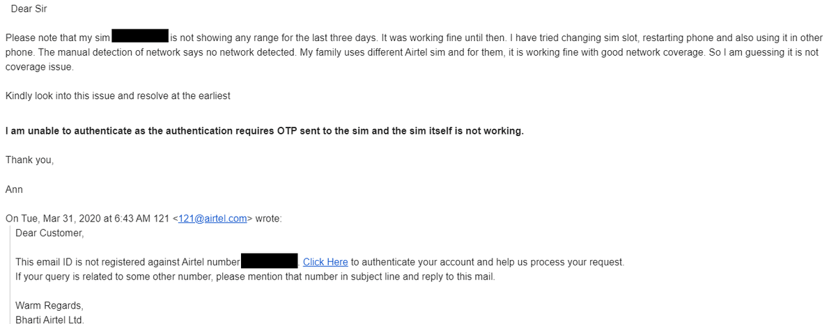 AnnJacob91's tweet photo. When you are caught in an endless cycle of "Please authenticate email with OTP sent to your number", "Cannot authenticate email as sim is NOT working to receive OTP" with Airtel🙆‍♀️@airtelindia https://t.co/wFtUj7pokY