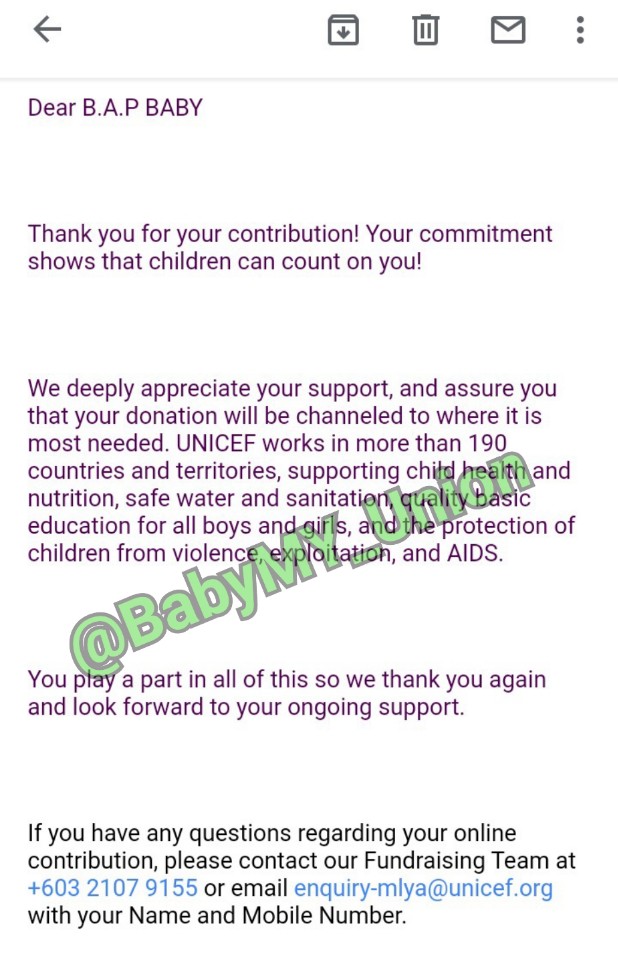 BabyMY_Union's tweet photo. [💞 ] BabyMY_Union has donated an amount of RM 461.50 / $107.32 under B.A.P and Baby's name for @UNICEF Coronavirus Disease (COVID-19) Emergency Response Fund. The donation was collected from BabyMy_Union's #ROSEPROJECT🌹
cc: @official_JDH93
#비에이피 #BAP #BABY https://t.co/otJ0KRGBj8