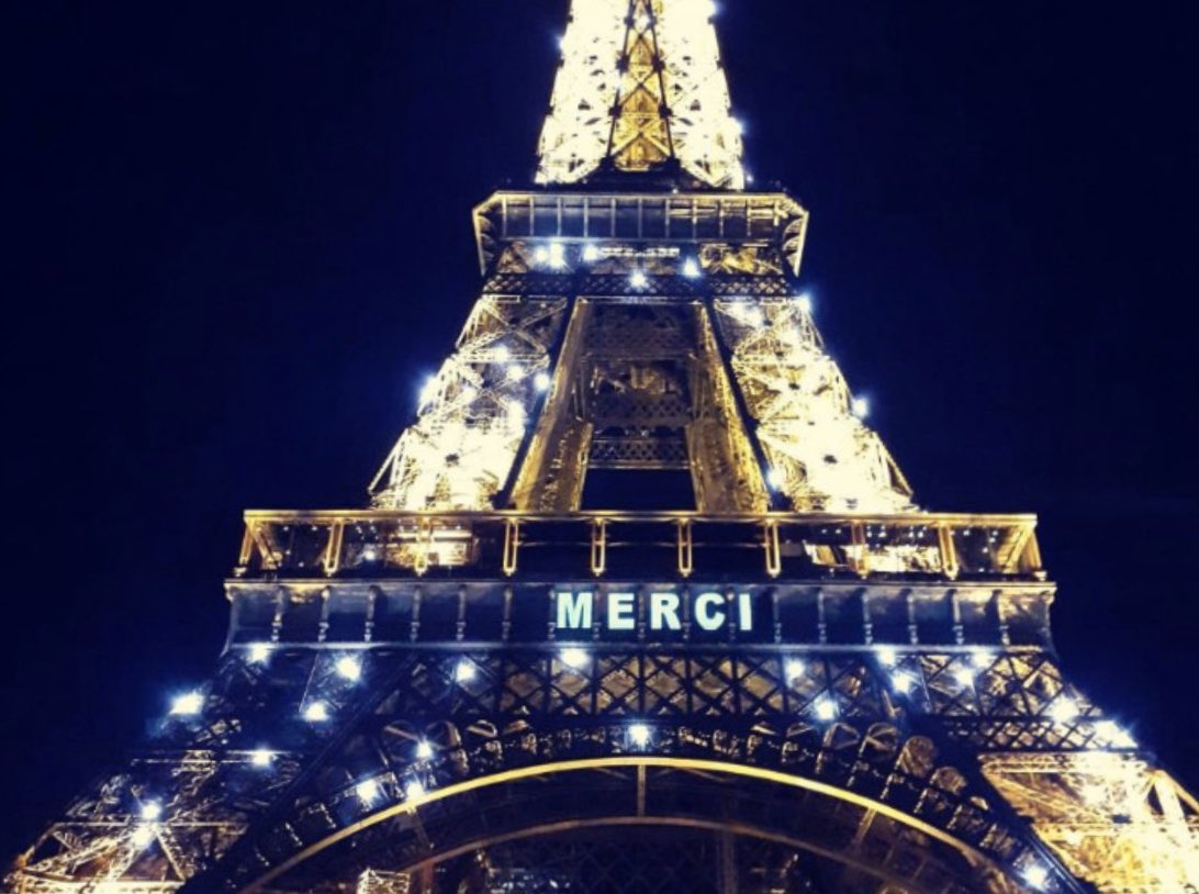 OTRAXER's tweet photo. BN19: Every evening, the EIFFEL Tower, the “Iron Woman”, illuminate at 8.00 pm to say “Thank you -MERCI” to ALL the people fighting against COVID-19. Not only in France but all around the world. Thank you https://t.co/PQ0SexOcwH