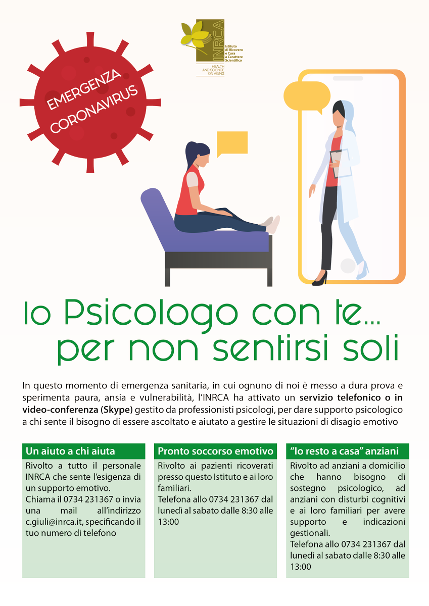 Sostegno psicologico da parte di professionisti Inrca di Ancona e Fermo ad operatori e cittadini, in questo momento di emergenza Covid-19