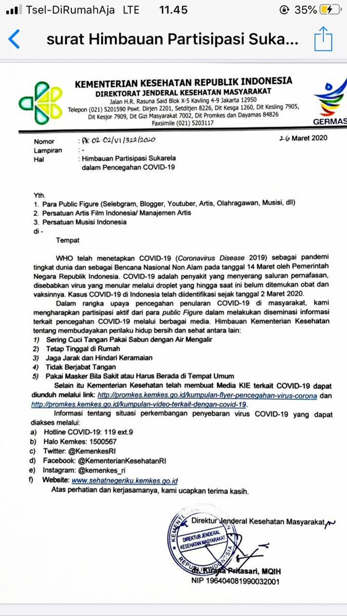 Monggo para temen2 ku artis, influencer, yg punya followers banyak. Ini imbauan menkes. Saya sudah izin menkes buat upload surat ini

Terimakasih