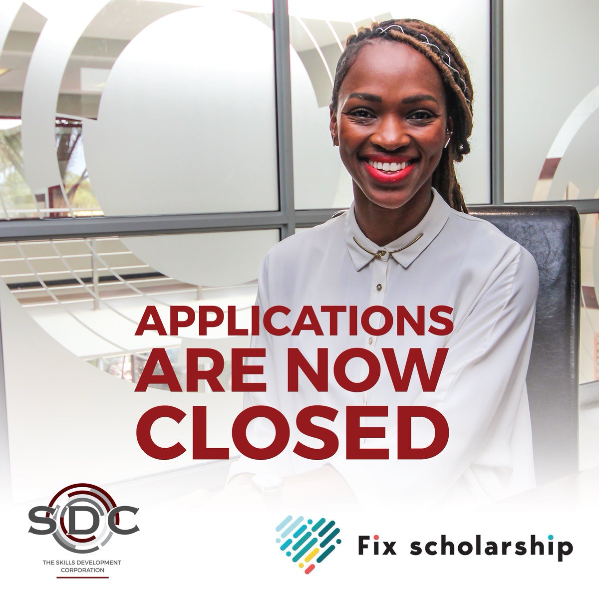 TheDevelopment's tweet photo. 𝗔𝗣𝗣𝗟𝗜𝗖𝗔𝗧𝗜𝗢𝗡𝗦 for the Fix SDC Learnership Programme are now 𝗖𝗟𝗢𝗦𝗘𝗗.

Thank you to everyone that applied. Our team will be in contact with each of you soon.

#WeAreTheDifference #2020Vision #FixSDClearnershipProgramme #Empowerment #YouthDevelopment https://t.co/bRmrCHHOkA