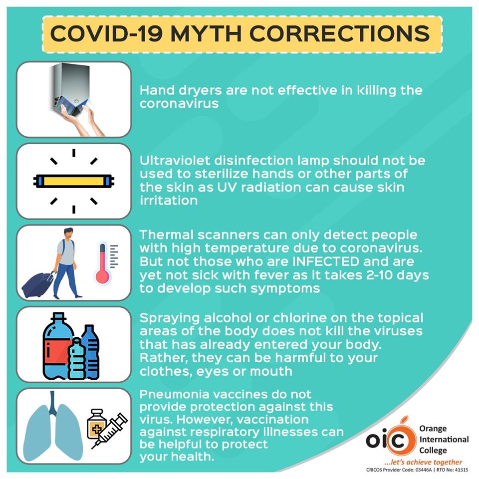 orange_edu_au's tweet photo. There are few common myths revolving around the #COVID2019. In order to correct the misconception please read the Myth Correction &amp; Facts Check post directly linked with the #WHO website.

https://t.co/tUdGNYLZqk https://t.co/C0pH3nPg5i