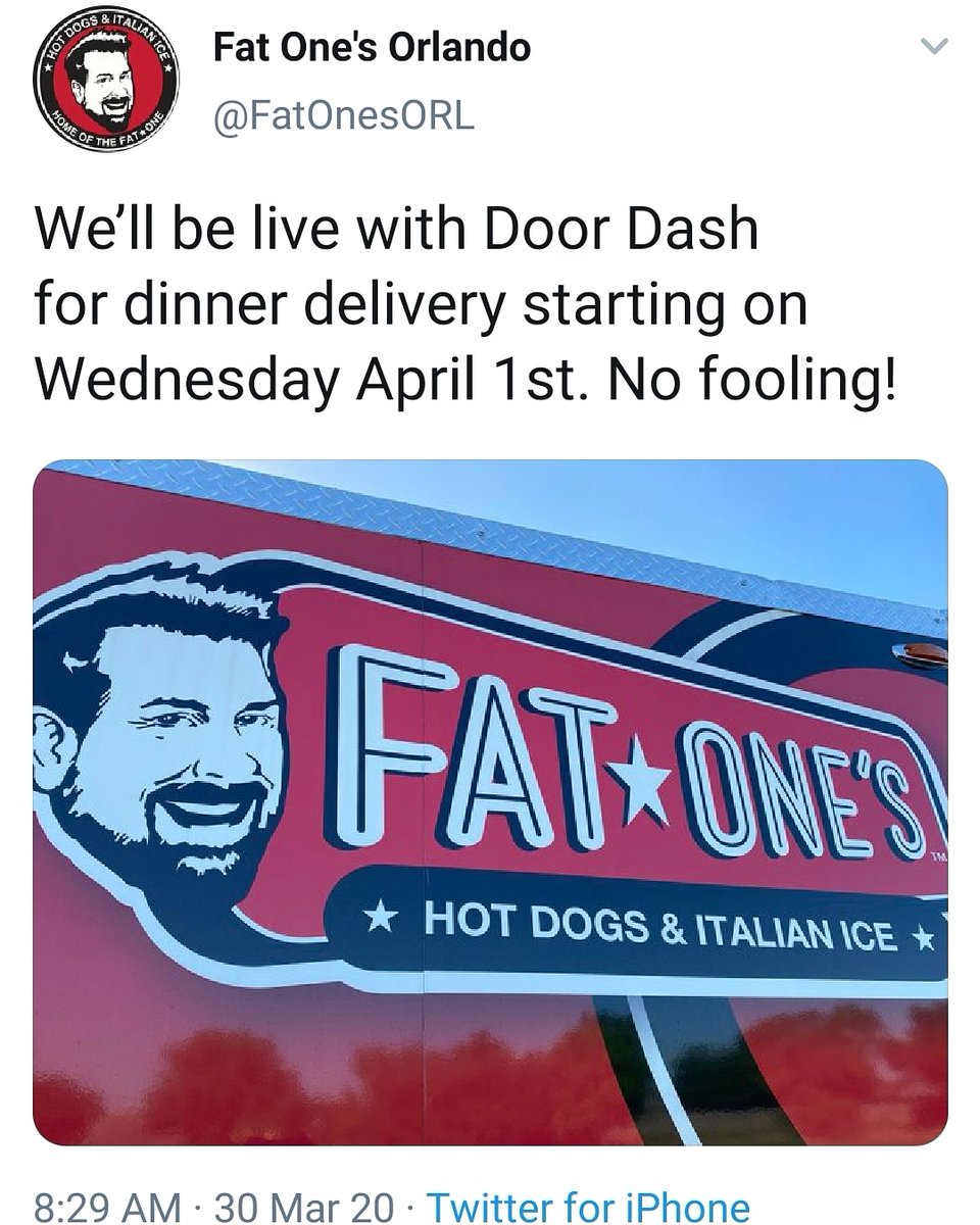JoeyFatoneSTTM's tweet photo. Attention Orlando and the surrounding area:
Wednesday, April 1st @fatonesorl will be available on @doordash for dinner! Enjoy and send in photos if you order anything.  
@realjoeyfatone #JoeyFatoneStreetTeam #FatOnes #hotdogs🌭 #orlando #foodtruck https://t.co/KLRpNquIYo