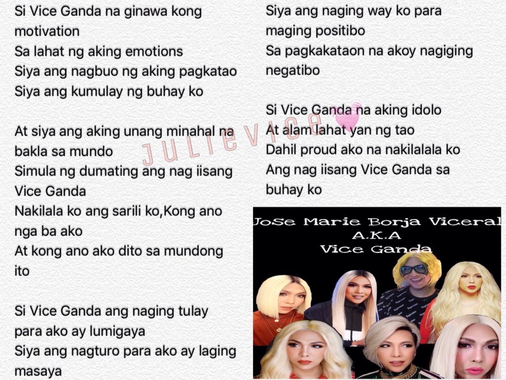 JulieVicey's tweet photo. To:Vice Ganda(Meme)this is for you😊Ang tulang "VICE GANDA"na tagos mula sa aking puso❤️😇Happy happy bday @vicegandako!Iloveyou so much!!😘 https://t.co/ZnyUP9fmbA