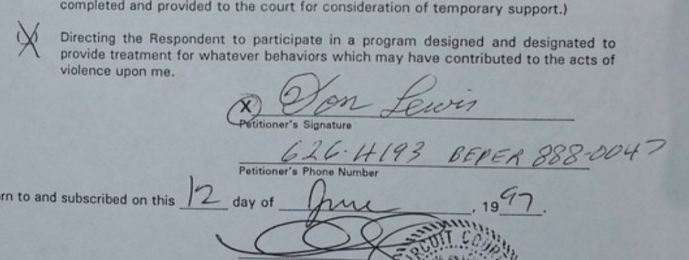 21. Look closely at the restraining order Don filled out against Carole: his signature doesn't match the one on the Power of Attorney, which handed control to Carole in the event of his disappearance. When I asked Carole abt this, she said: "He could barely read or write anyway."