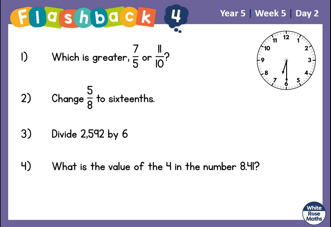 EllisYearFive's tweet photo. Today’s @WhiteRoseMaths #Flashback4 for my lovely Seahorses. Don’t forget to tweet me the answers (after 3pm to give everyone a chance to complete it) Mrs E 😊 https://t.co/7l1ZN6m0YQ