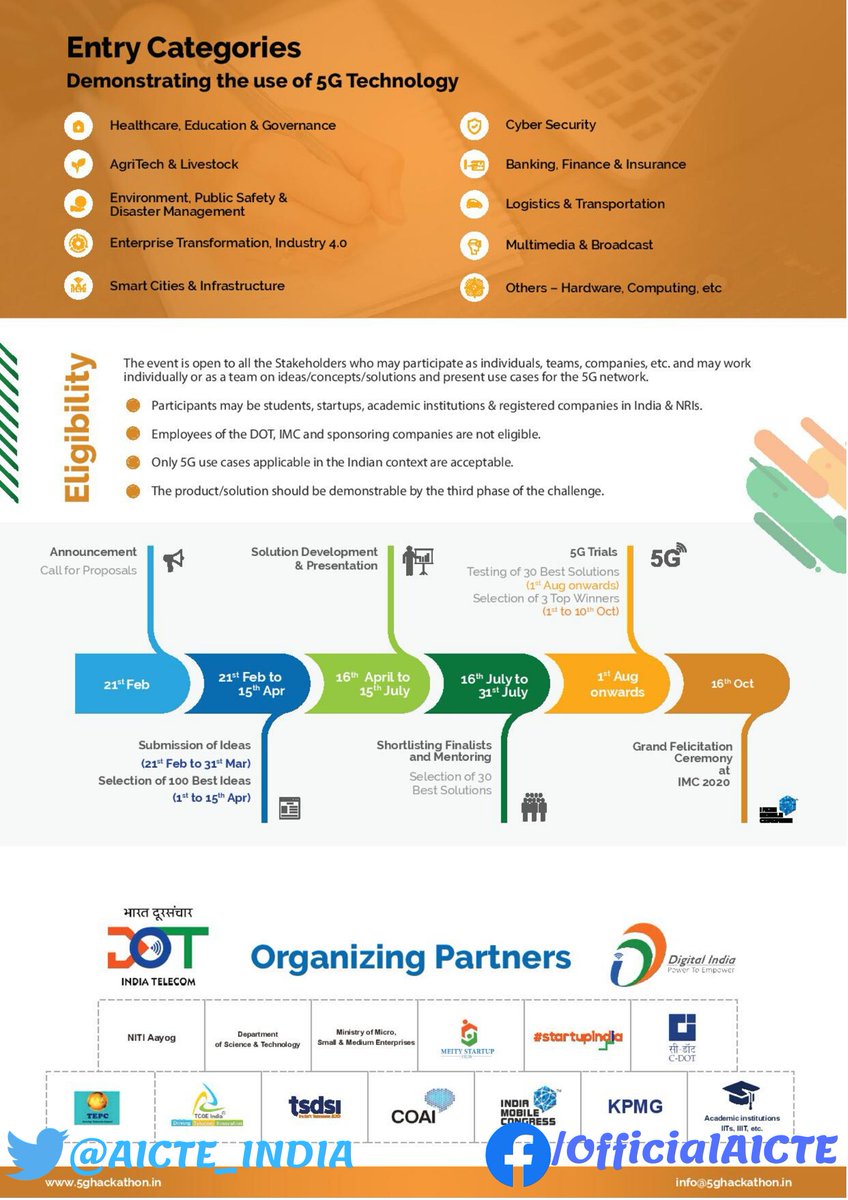 AICTE_INDIA's tweet photo. #5GHackathon @ #AICTEdge:

Demonstrate use of #5G #Technology &amp; submit your #Idea before April 30, 2020 to identify &amp; promote applications relevant to India in 5G realm.

Details:https://t.co/Tyx9JX2bmZ

#StayAtHomeChallenge #StayHome @DoT_India @_DigitalIndia @rsprasad @IndiaDST https://t.co/ITCacomWIM