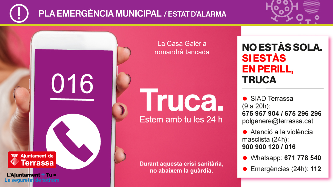 ajterrassa's tweet photo. 🔴 Durant el confinament no abaixem la guàrdia. Si vius o creus que algú viu una situació de violència masclista, truca.
Objectiu: cap dona desatesa. #Terrassa
#Coronavirus #Covid-19​ #niunames @ajtrsgenere https://t.co/wXpOh6l1Ek