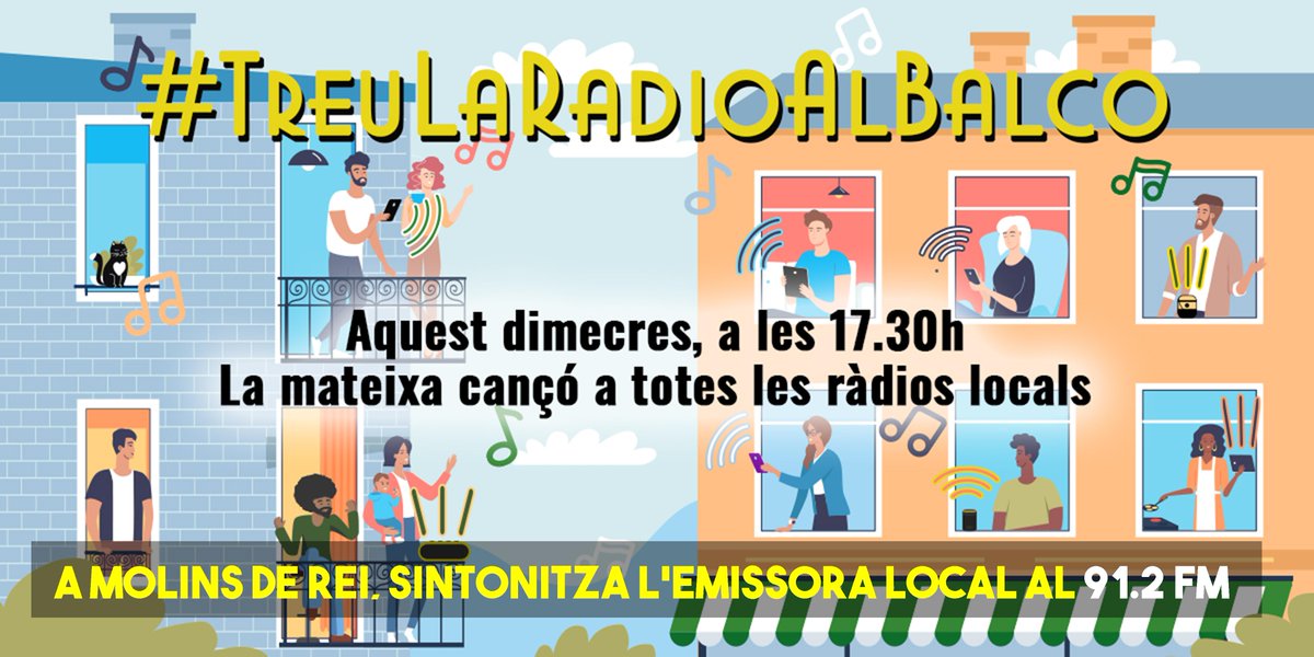 Radiomolins's tweet photo. Ràdio Molins de Rei se suma a la iniciativa de diverses emissores locals amb el suport de @laxarxa . #TreuLaRadioAlBalco . Cada dimecres, a les 17.30h, POSEU LA RÀDIO A TOT VOLUM AL BALCÓ I SENTIREU LA MATEIXA CANÇÓ A TOTS ELS BALCONS DE CATALUNYA! #molinscovid19 #MolinsdeRei https://t.co/pH3NCrRkJ7