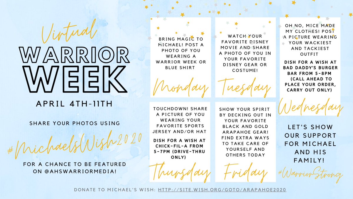 arapahoe_stuco's tweet photo. Warriors get ready for our first ever Virtual Warrior Week! We all can come together to grant Michaels Wish! #MichaelsWish2020
@ahswarriors @ArapActivities @BrianSCeriani https://t.co/i9Xp79OERp