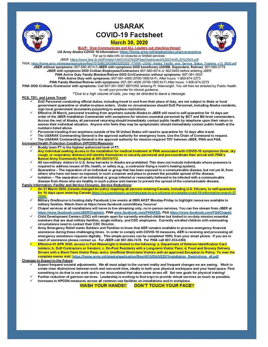 usarakPAO's tweet photo. Stay up to date! Changes include Canada’s mandatory quarantine, limited access on FWA, and how to report COVID-19 symptoms. #americasarcticwarriors https://t.co/tUN46rPqbG
