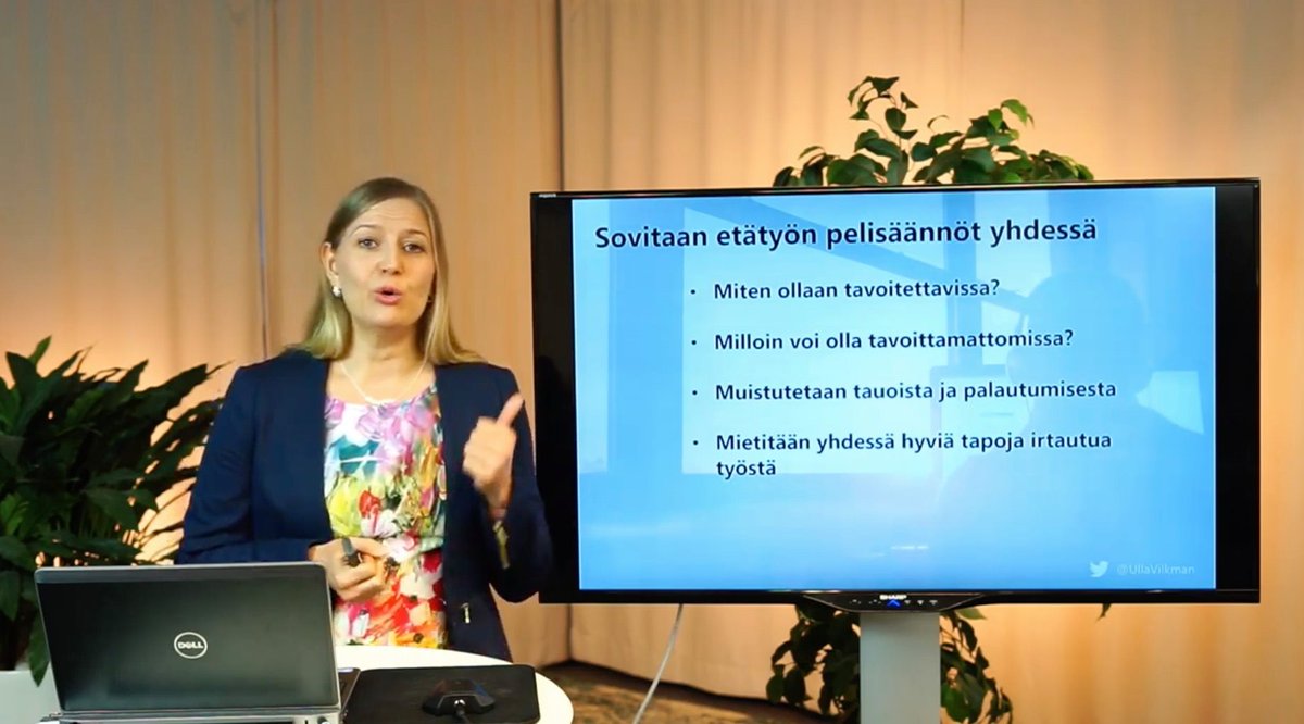.<a href="/UllaVilkman/">Ulla Vilkman</a> in puheenvuoro tasan viikko sitten järjestetyssä #Wgh2020 tupalawebinaarissa <a href="/SopranoOyj/">Soprano Plc - The leading Nordic training company</a> tiloissa oli otsikolla:

Vastuullinen etätyökulttuuri – mutta kenen vastuulla?

Tässä linkki suoraan Ullan puheenvuoroon bit.ly/WGH2020Vilkman