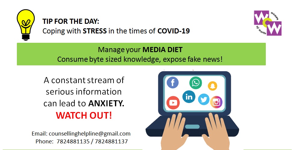 Here's a small tip to help you cope with stress in times of COVID-19. If you are emotionally distressed email us at counsellinghelpline@gmail.com or call us on 7824881135/7824881137 to avail our tele-counselling services with our experienced counsellors. #bekindtoyourmind