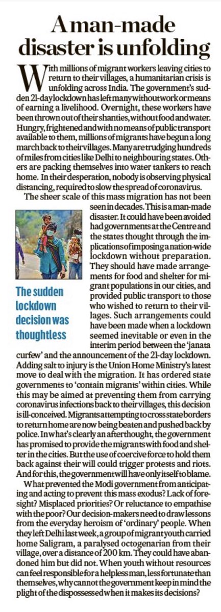“This is a man-made disaster. What prevented the  @narendramodi government from anticipating and acting to prevent this mass exodus? Lack of foresight? Misplaced priorities? Or reluctance to empathise with the poor?”: excellent  @DeccanHerald editorial.  @PMOIndia
