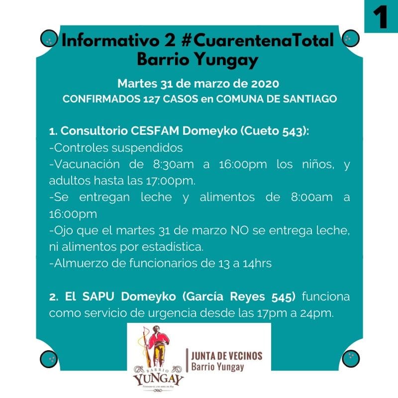 JVBarrioYungay's tweet photo. Informativo para martes 31 de marzo de 2020 en #BarrioYungay, cuando la comuna de Santiago llega a 127 casos de COVID19.
Vecinos/as, máxima disciplina en la cuarentena.
#Santiago #Chile
#CuarentenaTotal
#COVID19 https://t.co/5aQUGSRywo