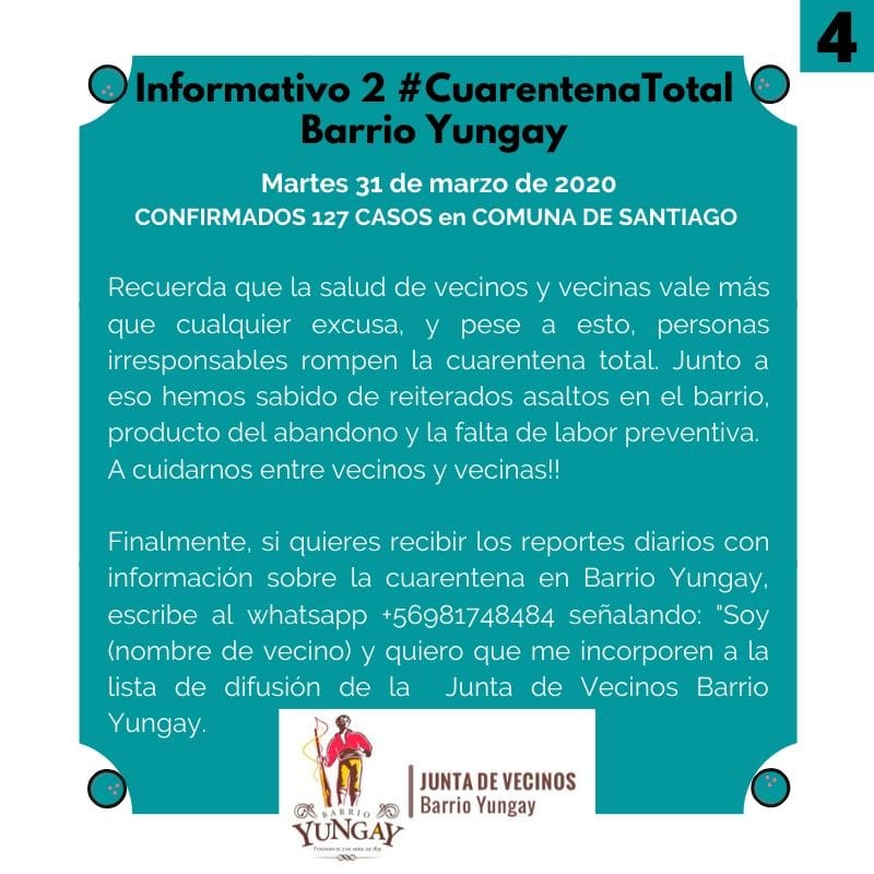 JVBarrioYungay's tweet photo. Informativo para martes 31 de marzo de 2020 en #BarrioYungay, cuando la comuna de Santiago llega a 127 casos de COVID19.
Vecinos/as, máxima disciplina en la cuarentena.
#Santiago #Chile
#CuarentenaTotal
#COVID19 https://t.co/5aQUGSRywo