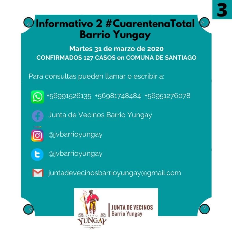 JVBarrioYungay's tweet photo. Informativo para martes 31 de marzo de 2020 en #BarrioYungay, cuando la comuna de Santiago llega a 127 casos de COVID19.
Vecinos/as, máxima disciplina en la cuarentena.
#Santiago #Chile
#CuarentenaTotal
#COVID19 https://t.co/5aQUGSRywo