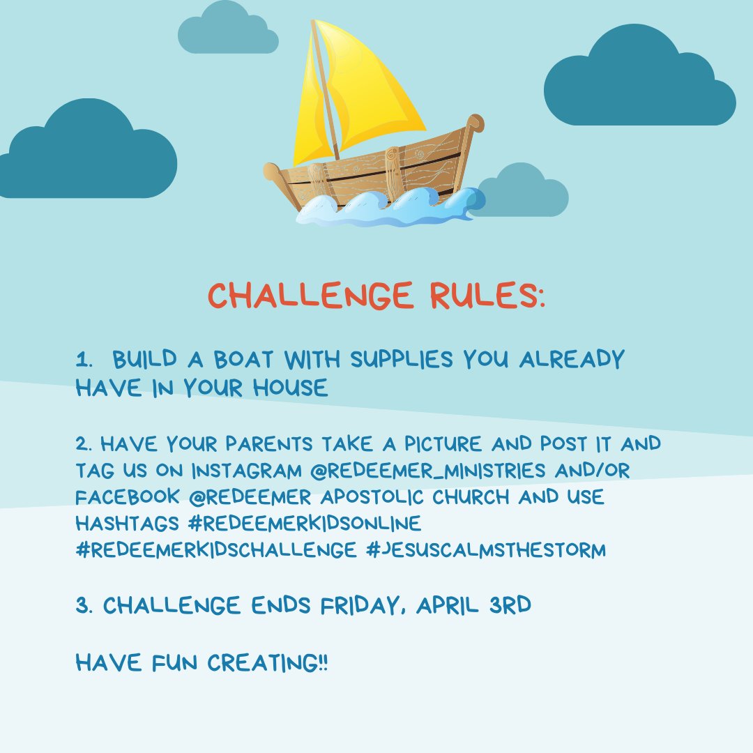 RedeemerLive's tweet photo. HEY HEY HEY Redeemer PARENTS! We have a Redeemer Kids “BUILD A BOAT” Challenge👷🏼‍♂️ All of these challenges are based on our current series “Empowering Courages Kids”. If you would like to read this week’s story they can be found in the Matthew 8:23–27, Mark 4:35–41, &amp; Luke 8:22–25. https://t.co/9lfEZXaqCd