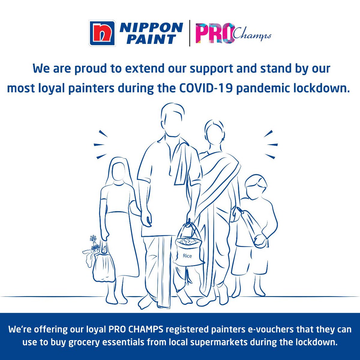 NipponIndia's tweet photo. We are proud to extend our support to our most loyal 'PRO Champs' registered painters in #AndhraPradesh and #Telangana by offering e-vouchers which they can use to purchase essentials at partner grocery stores.

#NipponPaint #COVID19 #PROCHAMPS #Painters #StayHomeStaySafe https://t.co/EinrOM6LLj