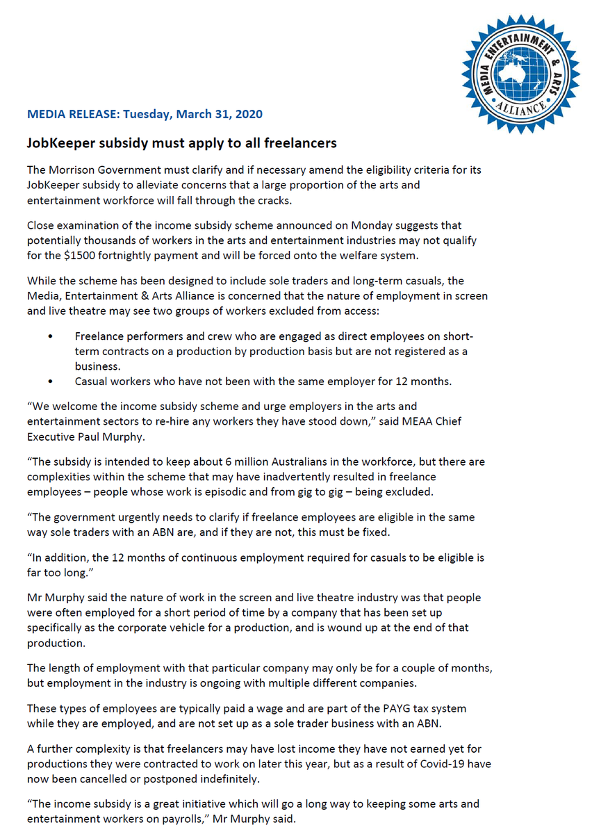 MEDIA RELEASE: The govt must clarify and if necessary amend the eligibility criteria for its JobKeeper subsidy to alleviate concerns that a large proportion of the freelance arts and entertainment workforce will fall through the cracks. meaa.io/33VV5Xs #noworkerleftbehind