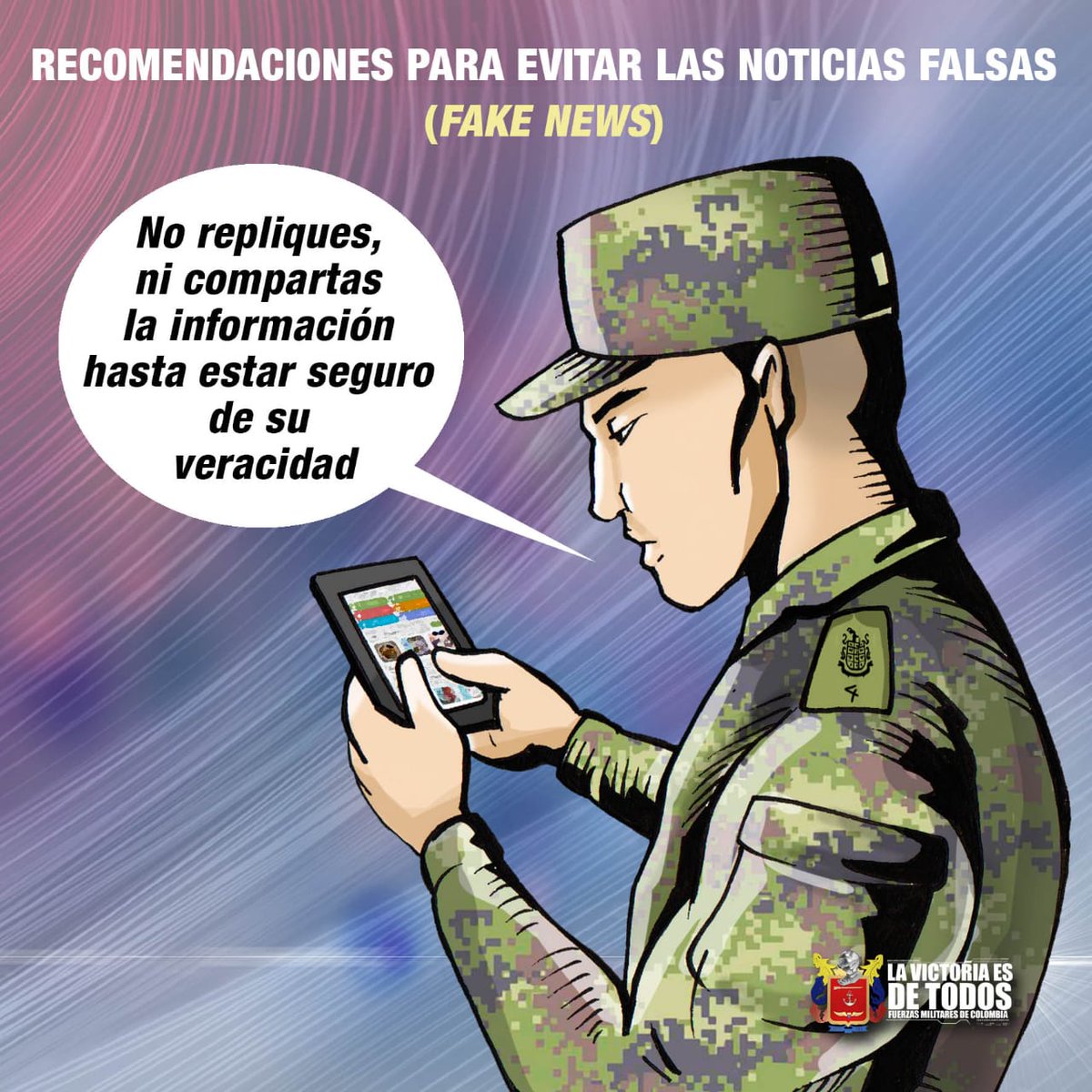 COL_EJERCITO's tweet photo. Confirme la veracidad de la información antes replicarla. Consulte fuentes confiables para estar seguro de lo que comparte y romper la cadena de las noticias falsas. https://t.co/39mV9huPY6
