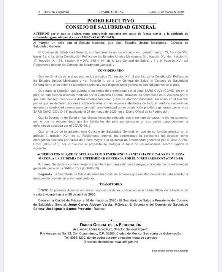 MiguelCarbonell's tweet photo. Texto de la declaración de emergencia sanitaria (Diario Oficial de la Federación): https://t.co/tz5nkWyRrX