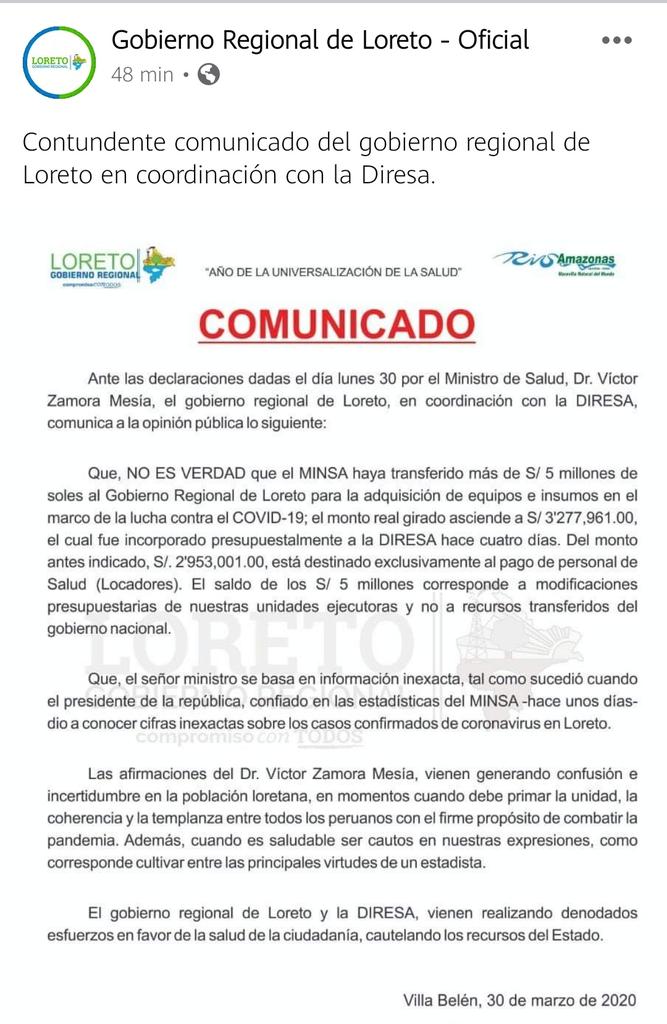 cgg_peru's tweet photo. Aquí la respuesta del gobierno regional de Loreto, poco sería, como si se tratara de una afrenta al gobierno central, en tiempos de pandemia, y por otro lado, la consulta MEF de los 5mllns aludidos.

Este gobierno local no me representa. https://t.co/gPMWcSxP7V