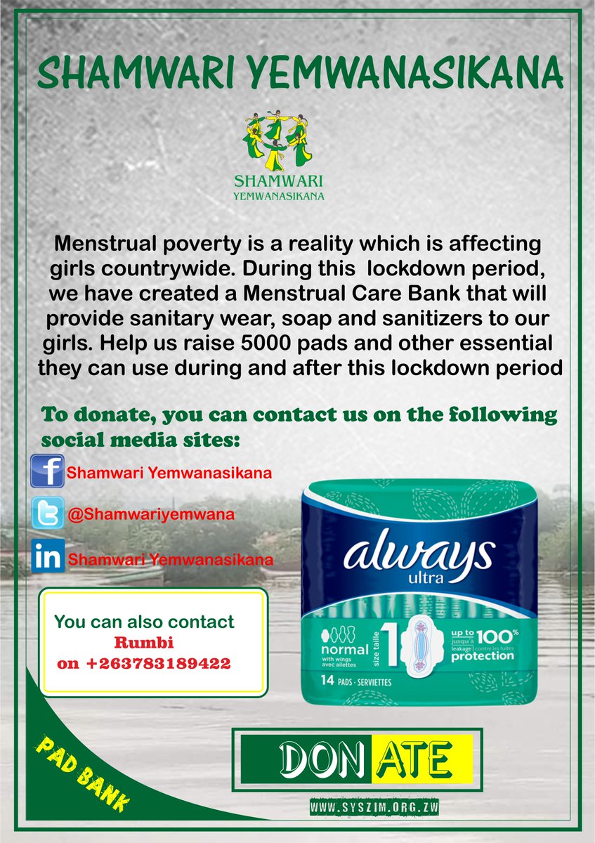 ShamwariyeMwana's tweet image. Menstrual poverty is a reality which is affecting girls countrywide. During this #lockdown period, we have created a Menstrual Care Bank🏦 that will provide sanitary wear to girls. Help us raise 5000 pads and other essentials girls can use. To donate,  dm us

#Covid_19Response
