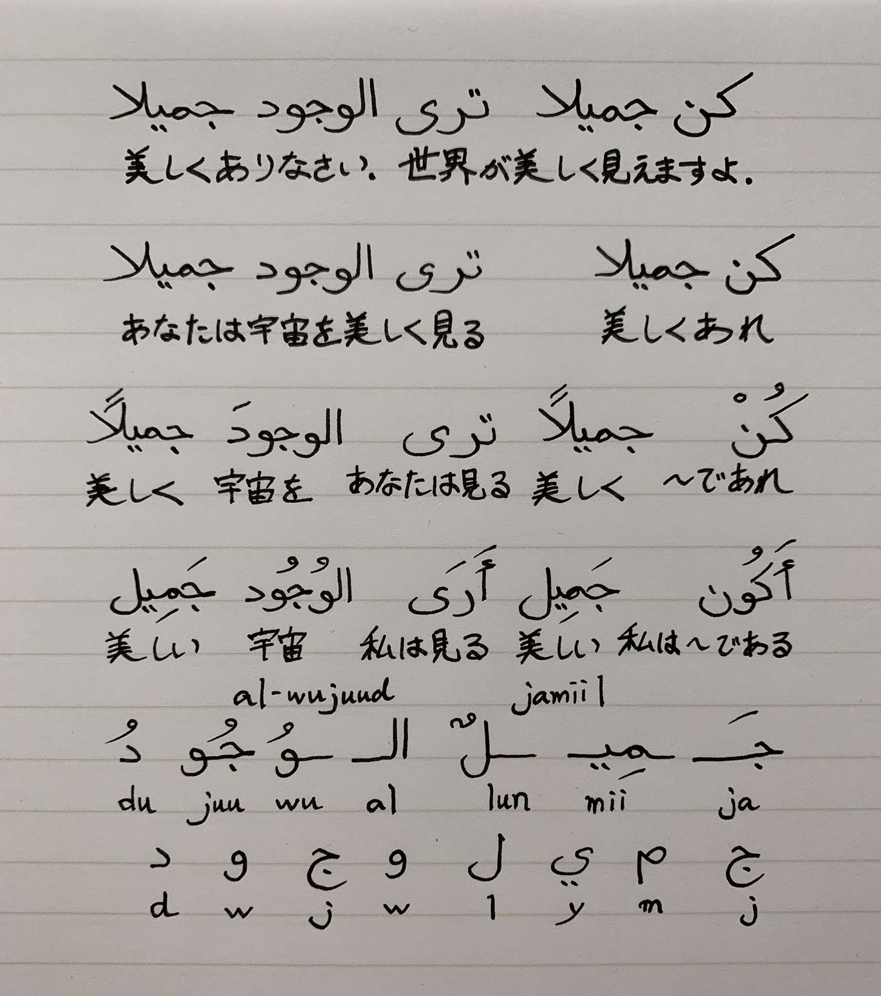 素人アラビア語 手書き語学 アラビア語 كن جميلا ترى الوجود جميلا T Co Dmmmdsi3a9 Twitter
