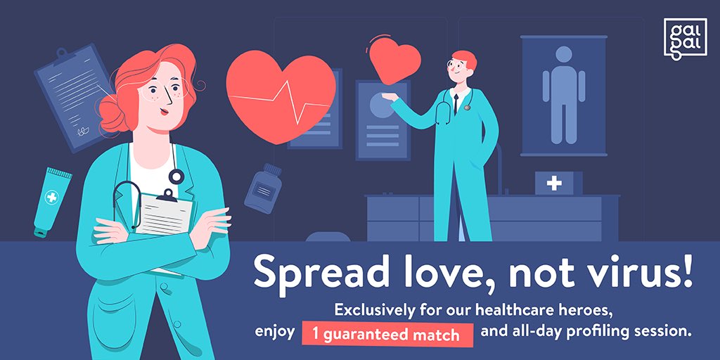letsgaigai's tweet photo. Exclusively for healthcare workers! We are making it simpler for our heroes to connect with singles. Enjoy a free video profiling session at any time of the day plus a free guaranteed match! Register - https://t.co/uvFFted3Rv 
#gaigai #dating #healthcare #spreadlove #COVID2019 https://t.co/GjKffe5GOQ