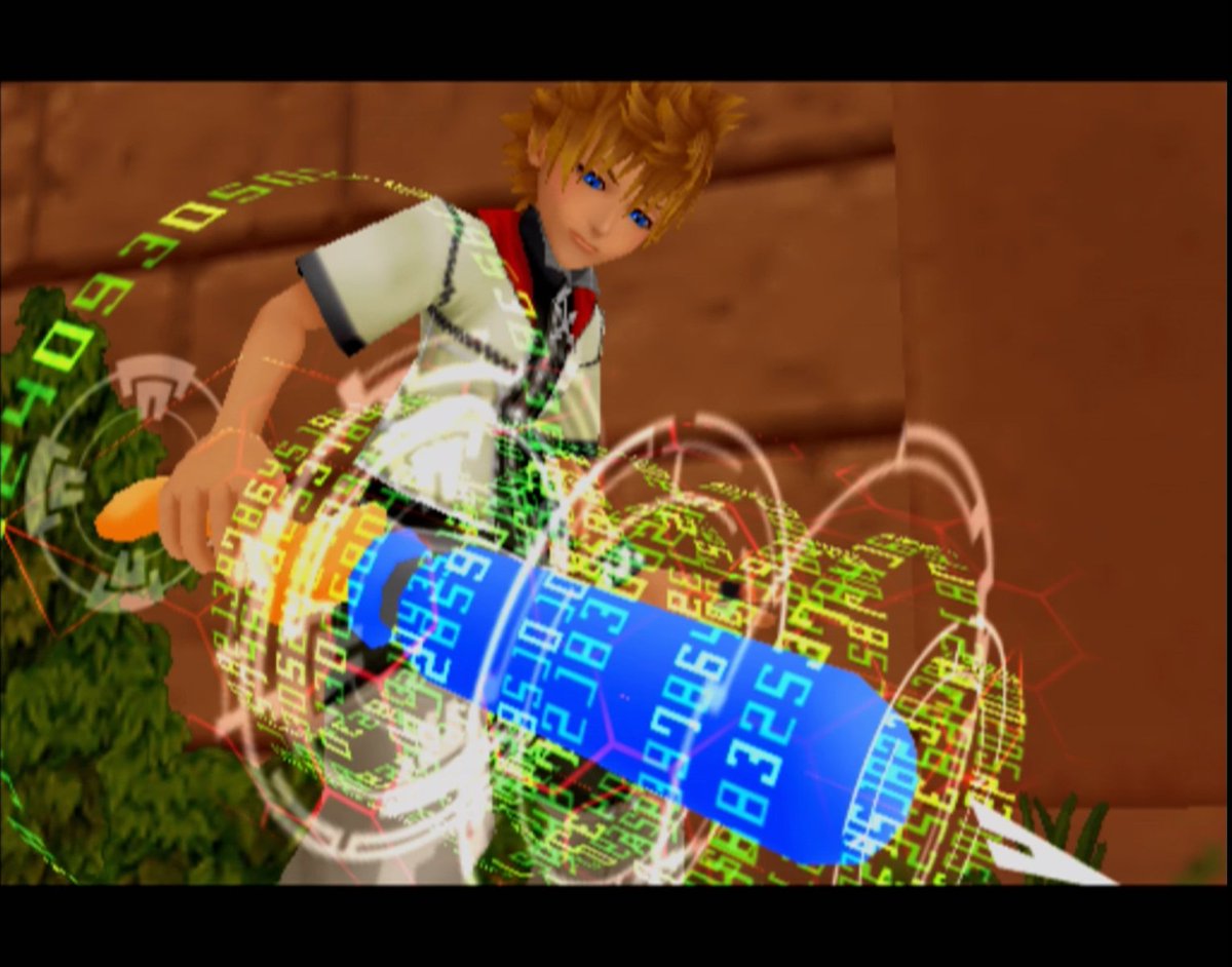 also there is SO much dank lore going on in this section that makes zero sense at the time lolthe keyblade appears with this weird data effect, presumably because DiZ just like... spawned it on him so he could deal with the Nobody