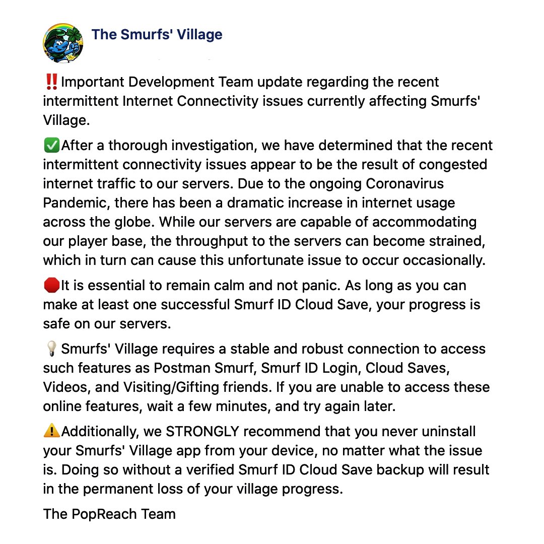 📢Important Development Team update regarding the recent intermittent Internet Connectivity issues currently affecting #SmurfsVillage.