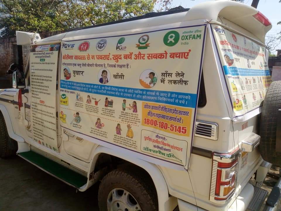 OxfamIndia's tweet photo. We are now in #Gorakhpur along with our partners #PGVS &amp; @UPSDMA1 ! The Mobile Van is disseminating crucial information on #Covid_19 &amp; its precautions. 

Till Day 4, we covered 8 blocks-100 villages; Target: 19 blocks. @CMOfficeUP @anandpankaj @ICMR_RMRCGKP @Animeshprakash https://t.co/v9ofwvHV8q