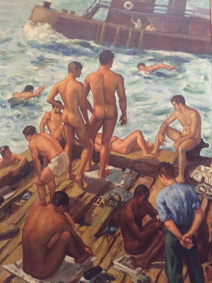 OBeyzaga's tweet photo. Edward Casey (1897 - , Stevedores Bathing Under the Brooklyn Bridge , 1939. #edwardcasey #nudes #nudesinart #malenudes https://t.co/G50KMq6EiL