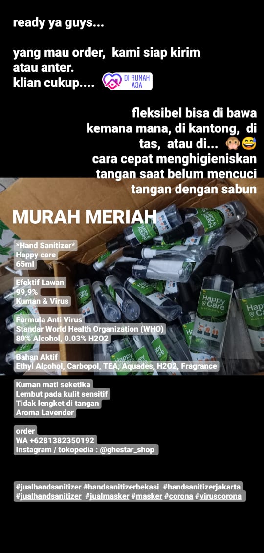 ghestaBP's tweet photo. #handsanitizer
65ml

Efektif Lawan
99,9%
Kuman &amp; Virus

Formula Anti Virus
Standar WHO
80% Alcohol, 0.03% H2O2

Bahan Aktif
Ethyl Alcohol, Carbopol, TEA, Aquades, H2O2, Fragrance

WA +6281382350192
IG/tokoped : @ghestar_shop
#handsanitizermurah #jualhandsanitizer #jualmasker https://t.co/EUCpuWaCWQ