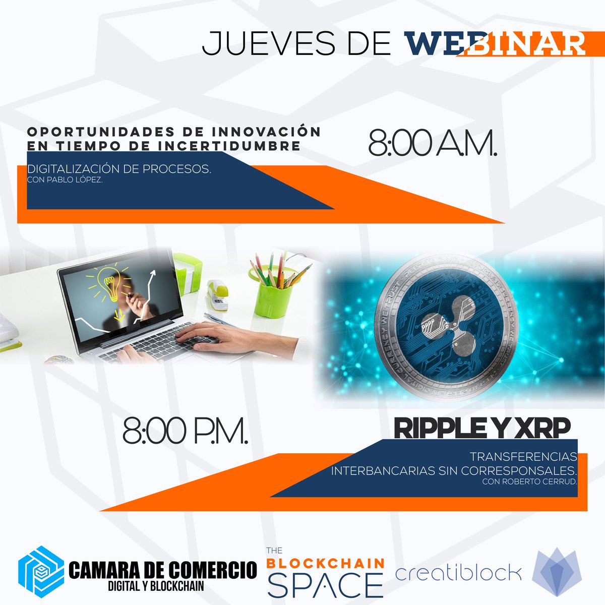 Tblocksp's tweet photo. Jueves de Webinar 
Enlaces:

Oportunidades de Innovación en tiempo de incertidumbre.
https://t.co/YkuQfaXZqW

Ripple y XRP
https://t.co/g4wgUC1E2x
#Blockchain
#Panama https://t.co/dASEEdcgq9