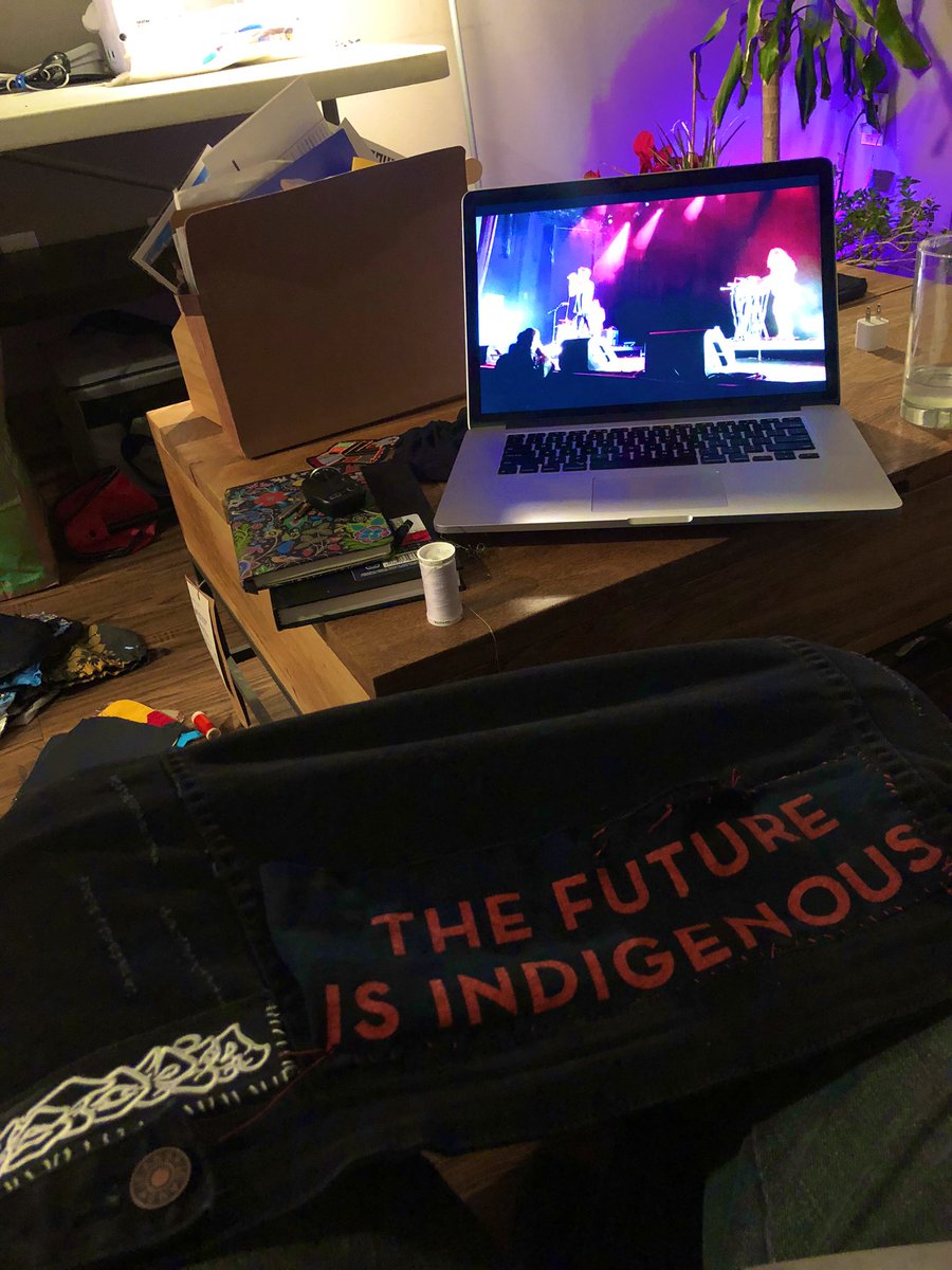 Yatikafields's tweet photo. Sewing patches, catching up on vest project & listening to @TR_ST #thefutureisindigenous #StayAtHome #staypunk #staynative https://t.co/PtdJcup6Vt