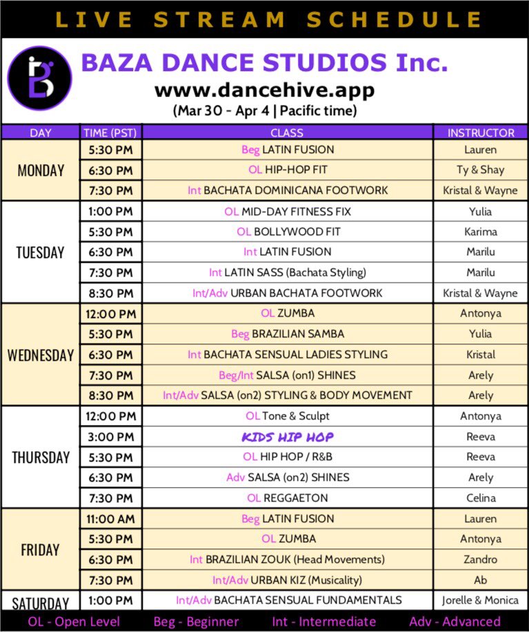 bazadance's tweet photo. Join us this week for more virtual classes! Lots of options to keep you dancing and active from home all for FREE! Please consider a donation if you’re able to which will help support our studio and instructors! Go to https://t.co/rrKmPjAe58 https://t.co/U0y42n5Jtv