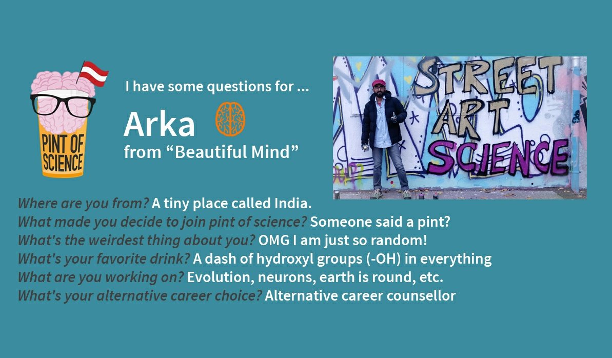 pintofscienceAT's tweet photo. Starting with Arka (@ScienceGuyArka)! Also check out @StreetArtSci, another account co-hosted by Arka with more #scicomm! Did somebody say #pint20? https://t.co/dWaRs3vcya