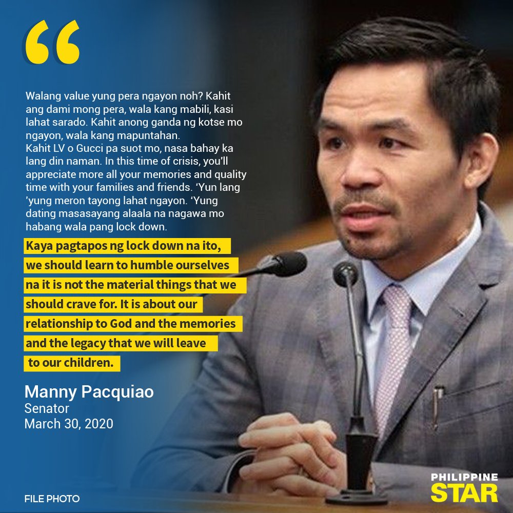 PhilippineStar's tweet photo. Senator Manny Pacquiao on Monday reminded the public to make good memories with their loved ones especially during the enhanced community quarantine, saying keeping lots of money and other material possessions should not be the priority in times of health crisis like this. https://t.co/KbsKEgw1jx