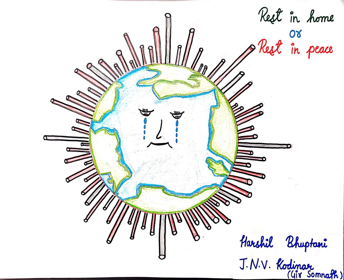 BhuptaniShubham's tweet photo. @narendramodi @AmitShah
@PMOIndia #Coronavirustruth #StayHome #TheLockdown #coronavirus #SocialDistancing 
Here is a poster that describes the current situation of earth caused by the pandemic corona virus prepared by class VIII student with slogan:
REST IN HOME or REST IN PEACE https://t.co/1dfBeYaQXQ