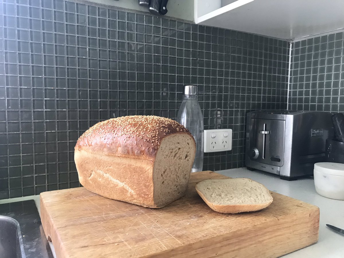 nicodonnell's tweet image. Adopted an agile baking methodology, with a program of continuous improvement (pardon the pun) that saw the addition of an egg white wash and sesame seeds to increase crustiness and flavour in Loaf v2.0. #IsolationBaking