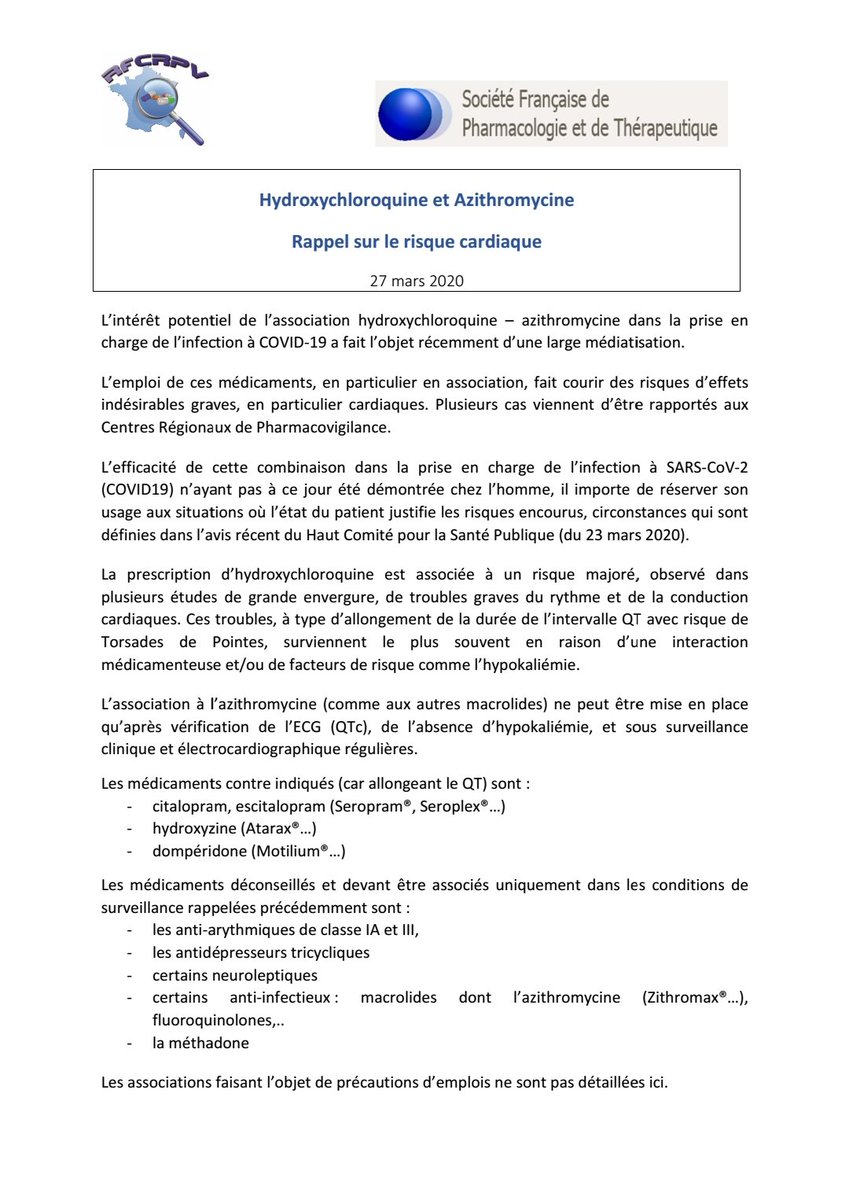 Reseau_CRPV's tweet photo. 📣 #COVID19
L'association #Hydroxychloroquine avec #Azithromycine est à risque important de troubles du rythme cardiaque. Des cas graves ont été rapportés ces derniers jours aux Centres Régionaux de Pharmacovigilance
https://t.co/tIF2R1pzQy https://t.co/lBKThPBsUZ