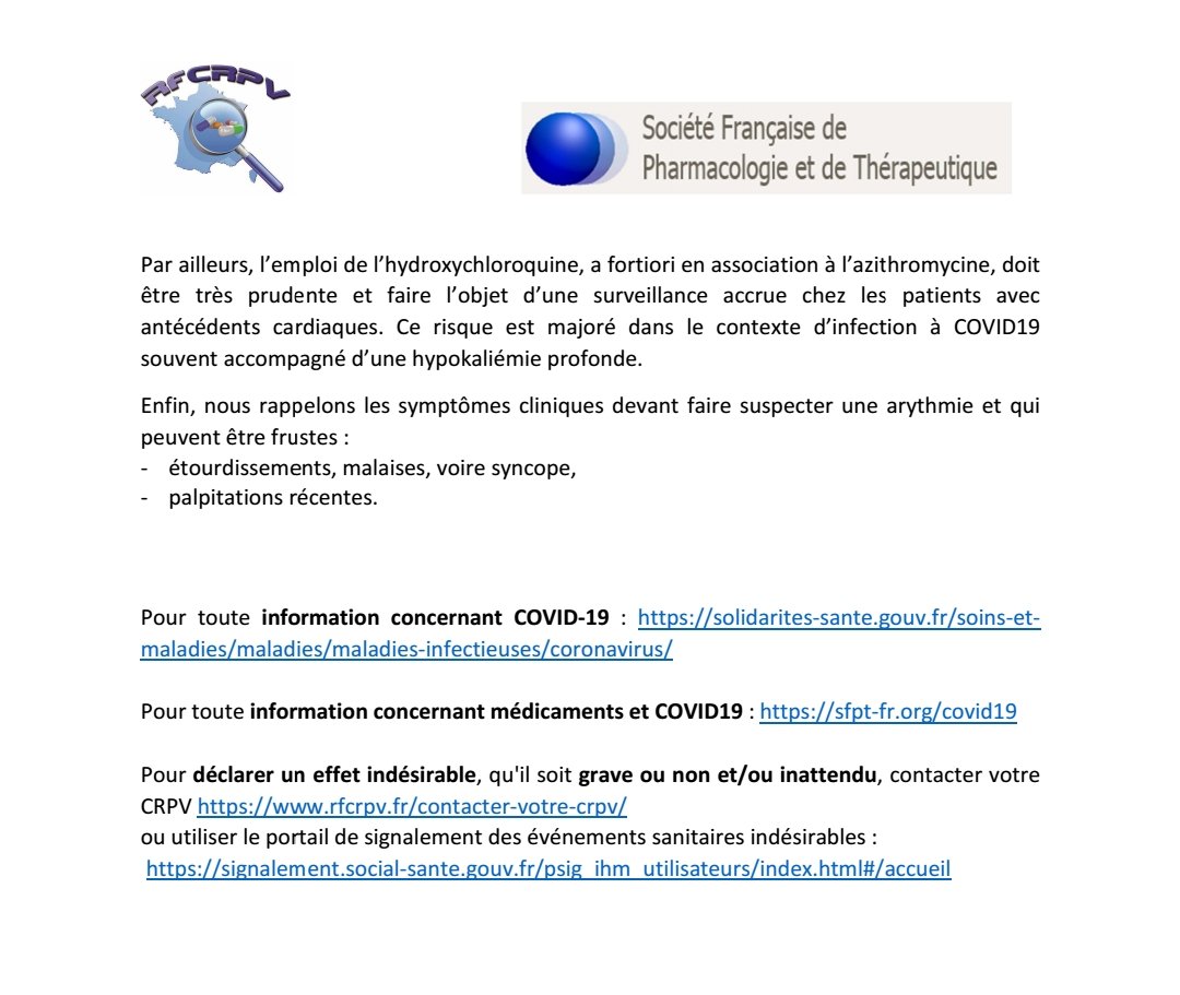 Reseau_CRPV's tweet photo. 📣 #COVID19
L'association #Hydroxychloroquine avec #Azithromycine est à risque important de troubles du rythme cardiaque. Des cas graves ont été rapportés ces derniers jours aux Centres Régionaux de Pharmacovigilance
https://t.co/tIF2R1pzQy https://t.co/lBKThPBsUZ