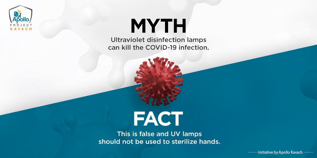 AskApollo's tweet photo. #MythVsFact Ultraviolet disinfection lamps cannot kill the COVID-19 infection. #BreakCorona #Covid19 #Coronavirus #SocialDistancing https://t.co/nDG5Sbaa39