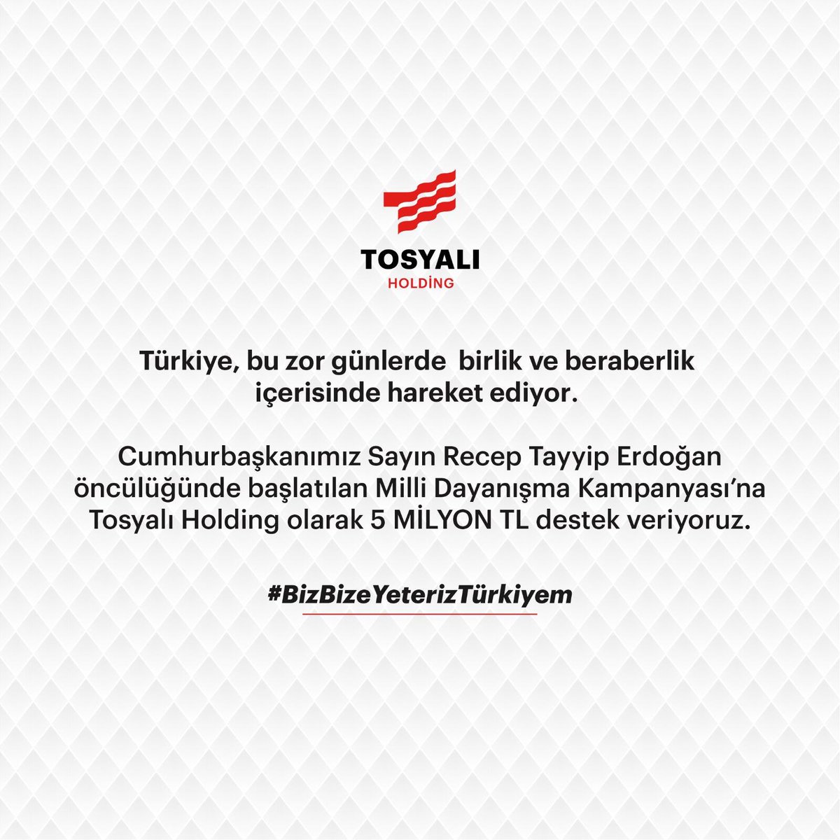TosyaliHolding's tweet photo. Türkiye, bu zor günlerde birlik ve beraberlik içerisinde hareket ediyor.

Cumhurbaşkanımız Sayın @RTErdogan öncülüğünde başlatılan Milli Dayanışma Kampanyası’na biz, Tosyalı Holding olarak 5 MİLYON TL destek veriyoruz.

#BizBizeYeterizTürkiyem 🇹🇷 https://t.co/im8zWHzL45