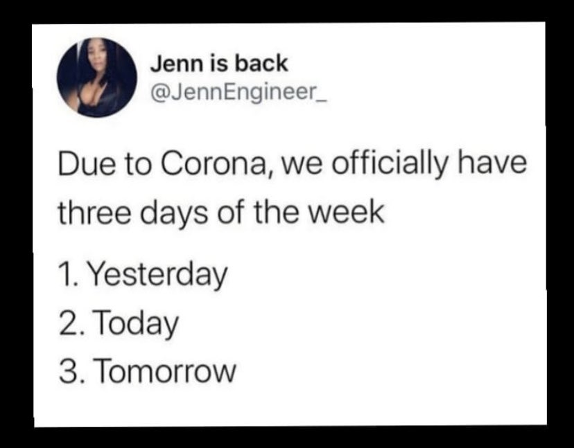 Quarantinesurv1's tweet photo. How to plan your week: 

#HomeFest #coronavirusde https://t.co/0otmxYIzec