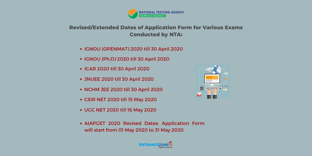 entrancezone's tweet photo. Have you checked the Revised Dates of IGNOU Ph.D., OPENMAT, ICAR, JNUEE, NCHM JEE, CSIR NET, UGC NET, AIAPGET released by NTA?
Know more: https://t.co/LemRdBuKBf

#NTA #UGC #ignou #icar #jnuee #nchm #nchmjee #csirnet #ugcnet #aiapget #ignouopenmat #ignouphd #entrancezone https://t.co/K2BzVUMKay